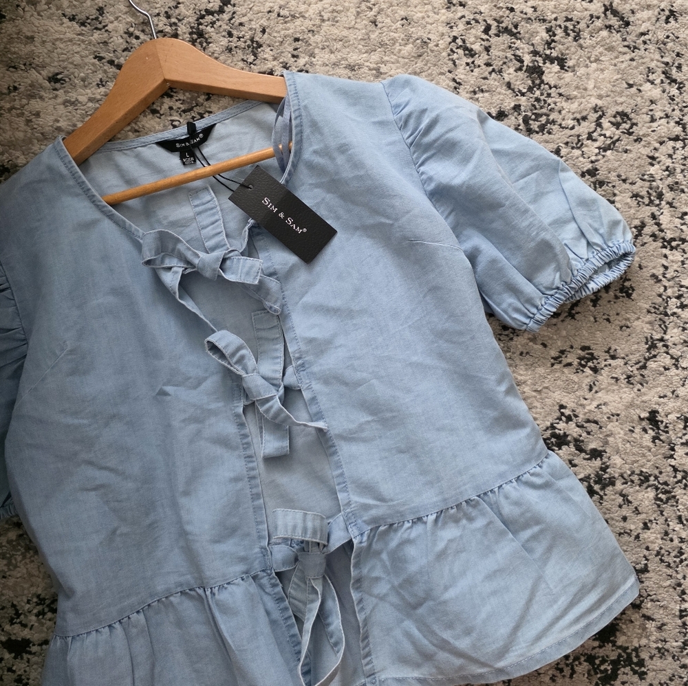 Sim & Sam Chambry Tie Front Puff Sleeve Blouse Wmns L Cotton NWT Boho Western